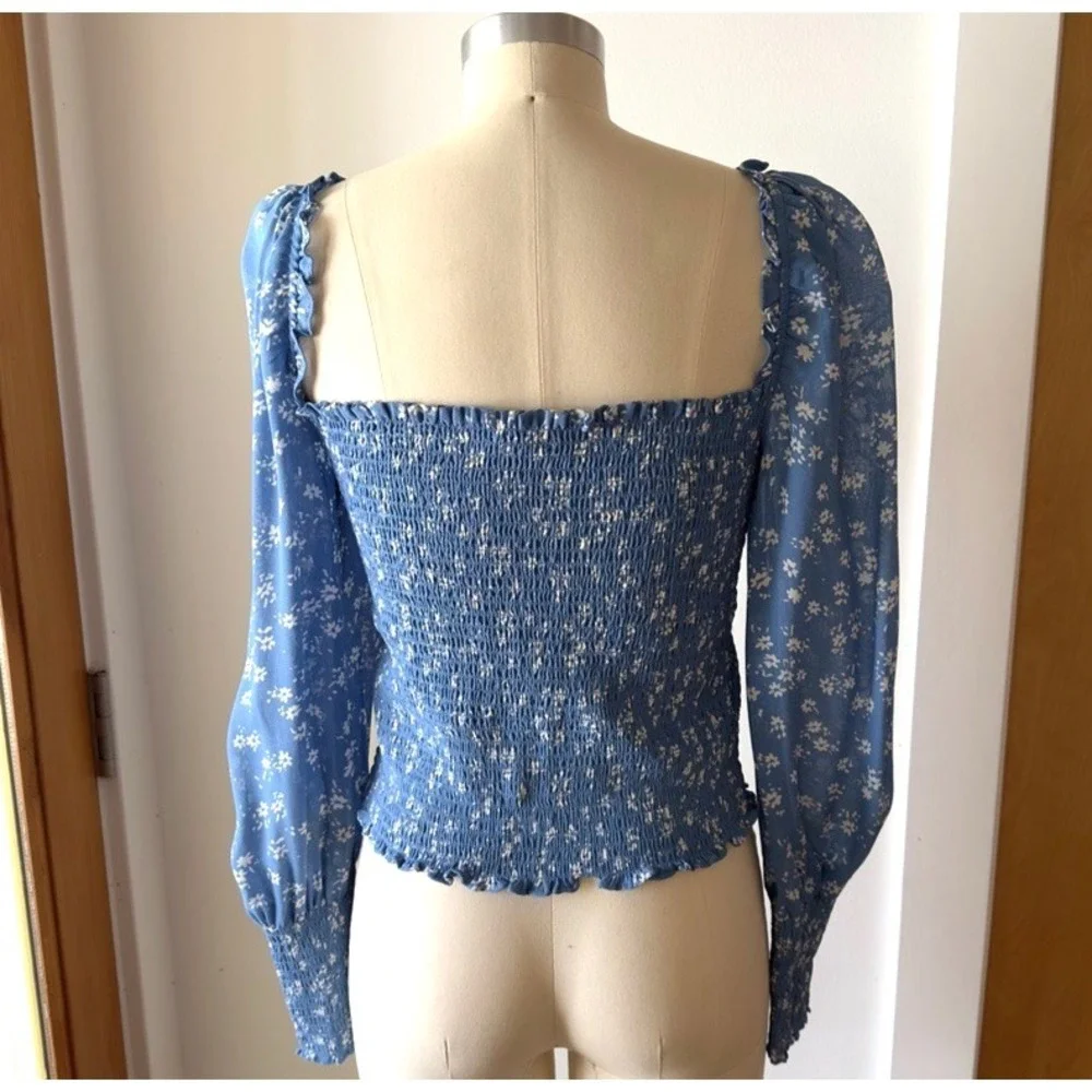 Reformation Pinto Top-Lassen Blue Floral-Smocked Georgette Long Sleeve Blouse-M